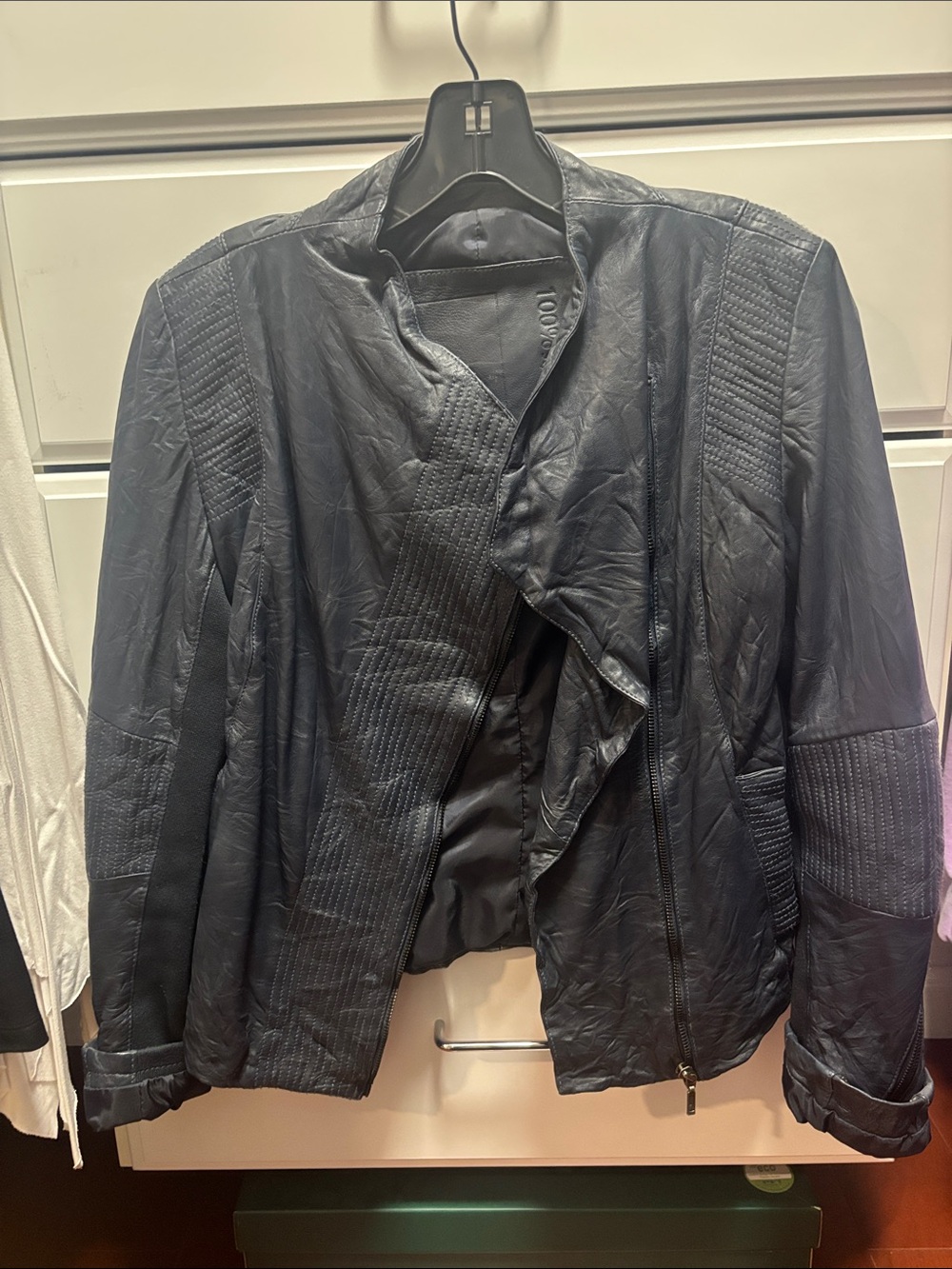 Quilted-Panel Leather Jacket with Asymmetric Front 34 navy